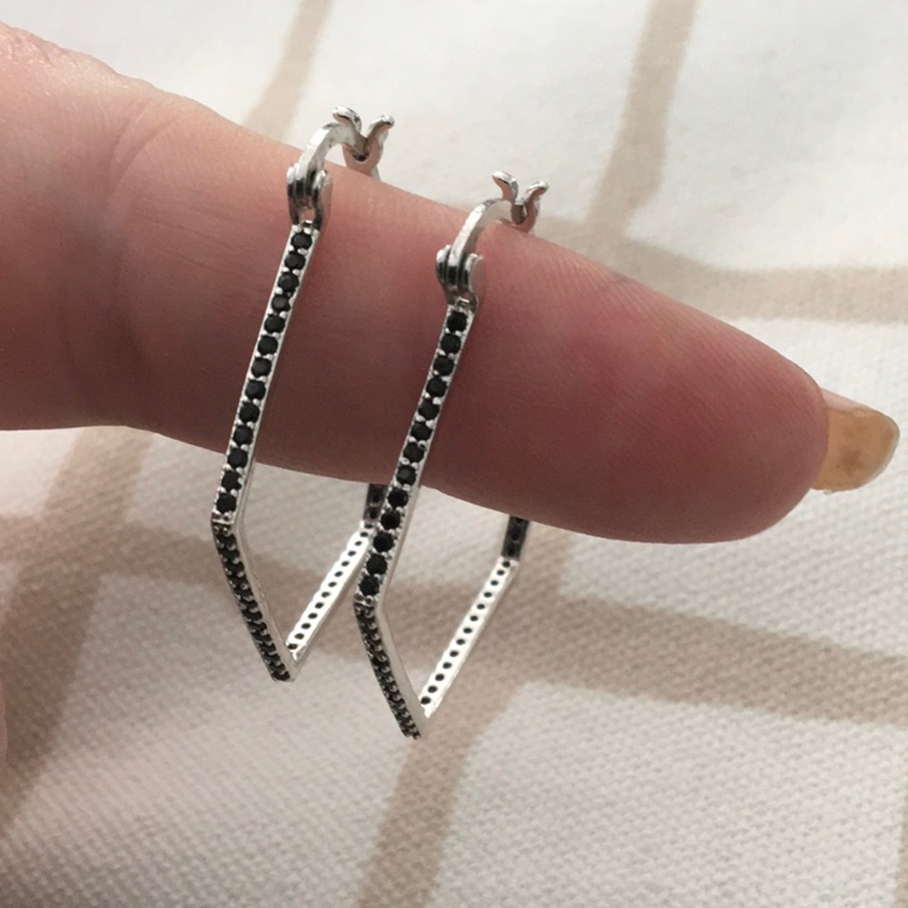 Sterling Black Crystal Pentagon Hoops